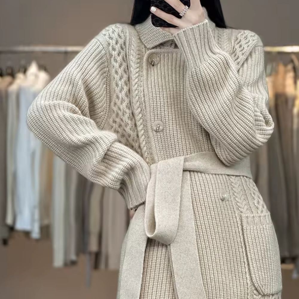 cardigan women's lace-up suit collar thick loose mid-length  sweate - Picture 2 of 9